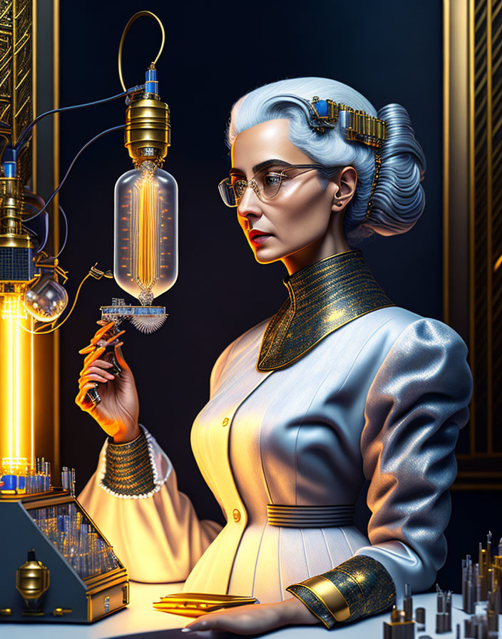 Futuristic woman with white hair and cybernetic enhancements in high-tech lab