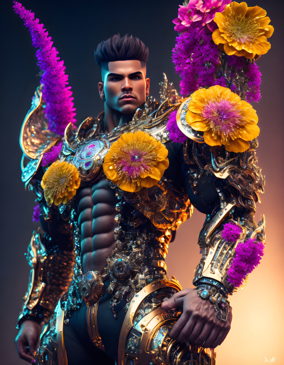 Elaborate floral and gold armor portrait with purple and yellow flowers