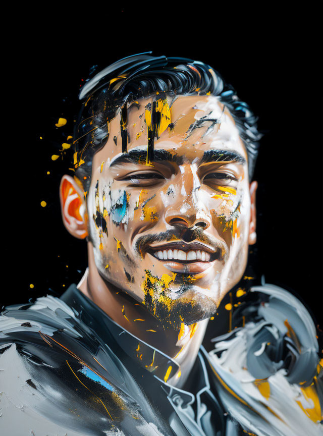 Stylized portrait of a smiling man with black, white, and yellow paint smears