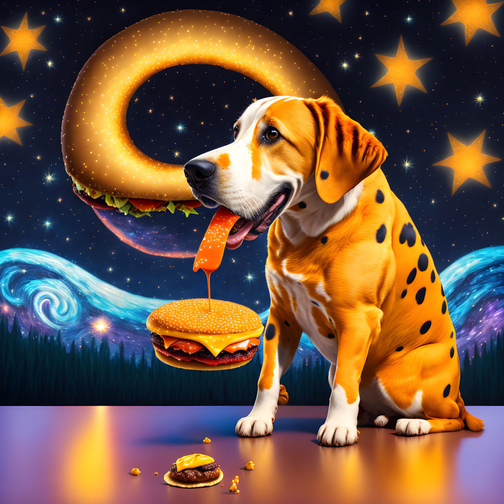 Spotted dog mesmerized by floating cheeseburger under starry sky