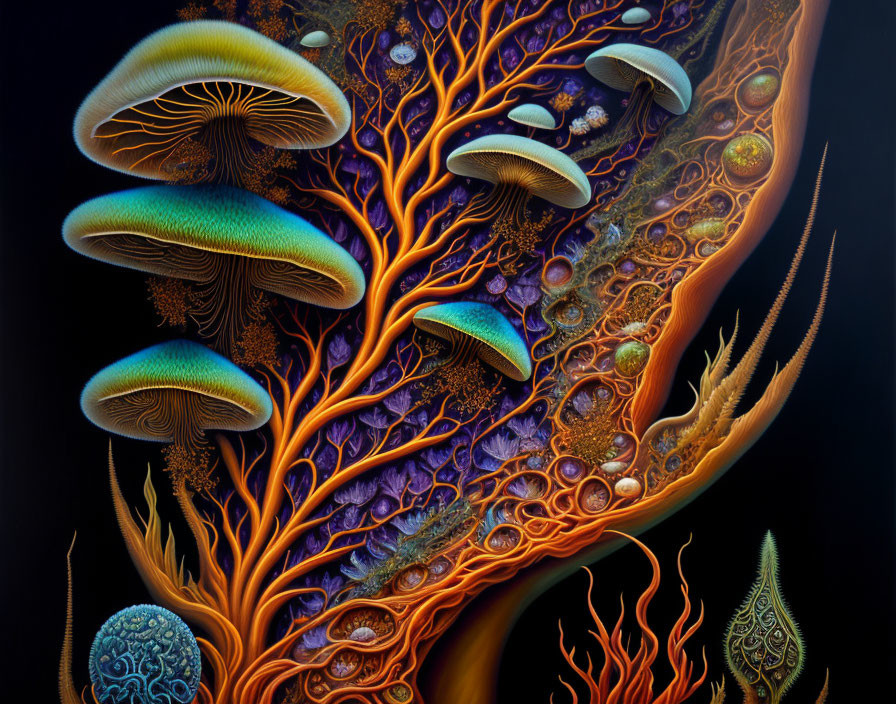 Neon-colored forest ecosystem with bioluminescent mushrooms