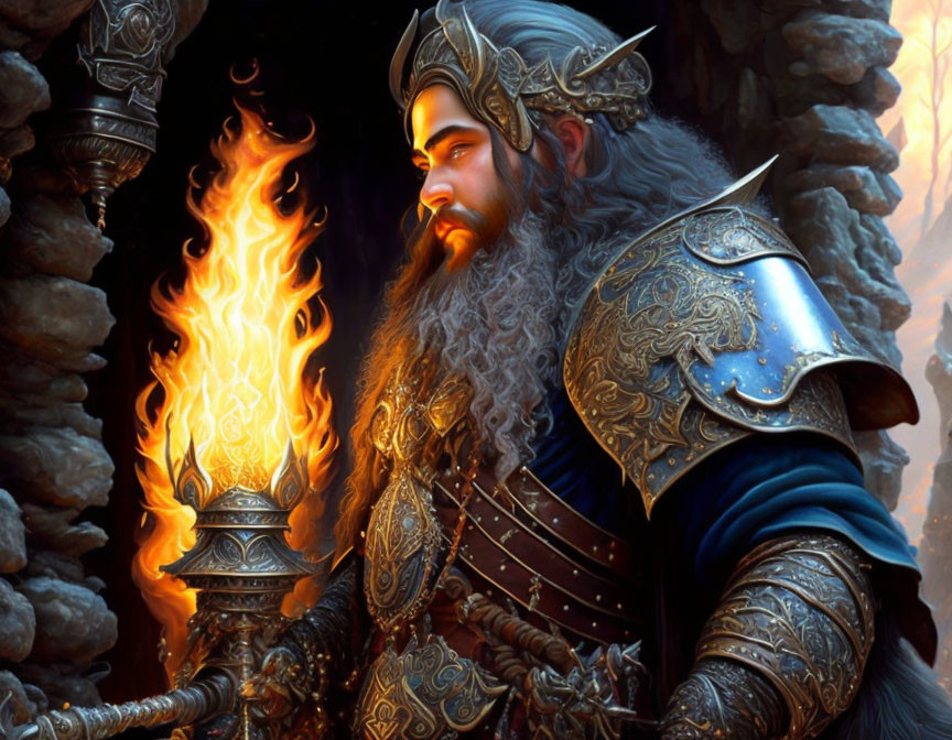 Bearded warrior in ornate armor by torchlight