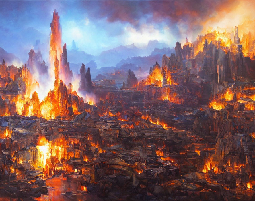 Apocalyptic landscape painting with burning ruins and towering flames