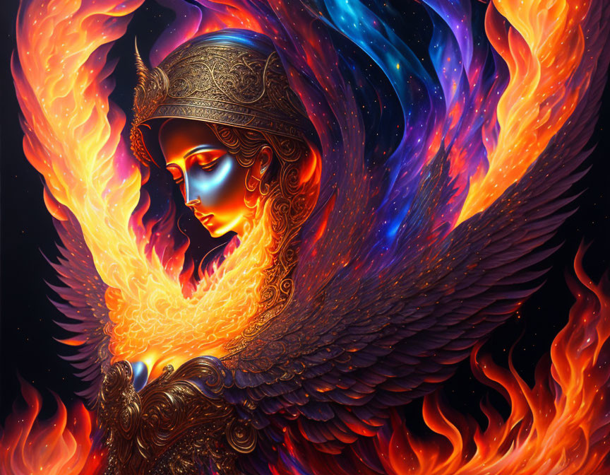 Colorful artwork featuring fiery phoenix and serene face