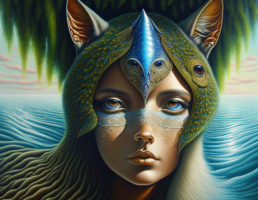 Surreal portrait of woman with cat-like features in surreal landscape