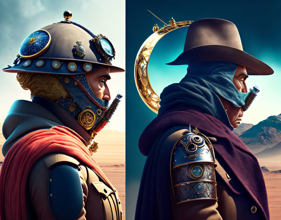 Steampunk-style characters with globe helmet and mechanical monocle in desert setting