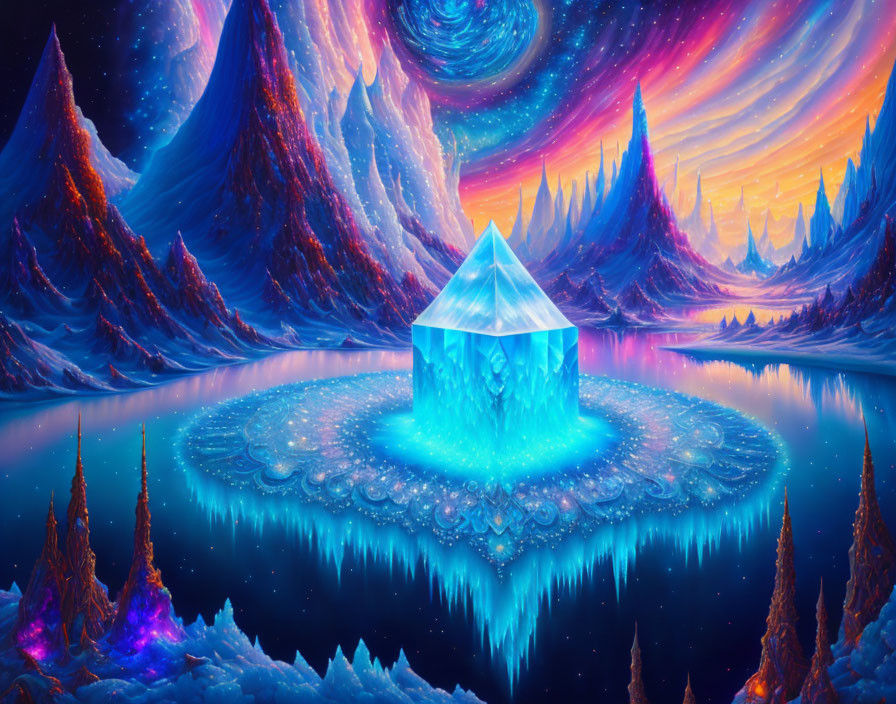 Fantastical landscape with glowing blue crystal and icy peaks under vibrant starry sky