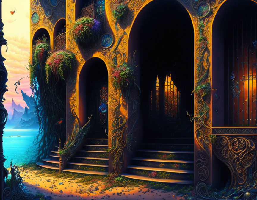 Fantasy landscape with ornate archways, hanging plants, stairs, tranquil sea at sunrise/sunset