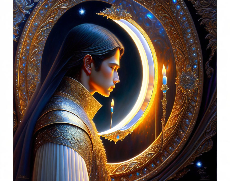 Fantasy-style illustration of person with elven features gazing at crescent moon through ornate window