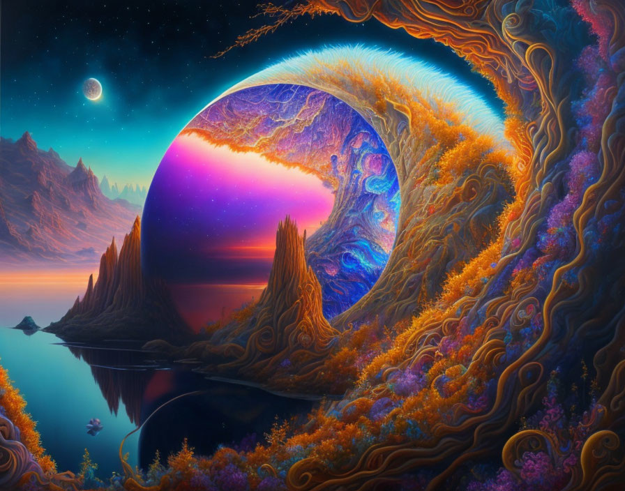 Surreal landscape with circular portal, starry sky, orange flora, undulating terrain, reflective