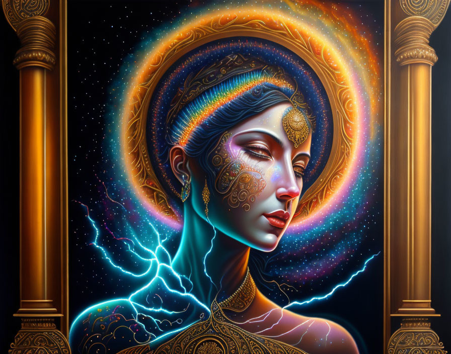 Vibrant cosmic woman with electric elements and golden pillars