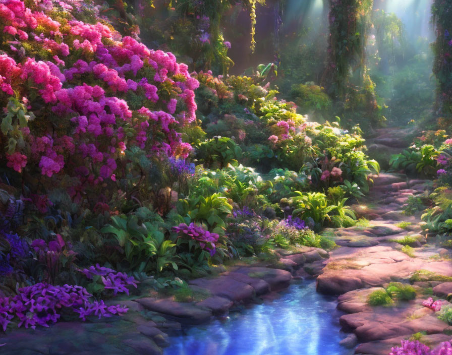 Sunlit Fantasy Garden with Pink and Purple Flowers by Tranquil Blue Stream