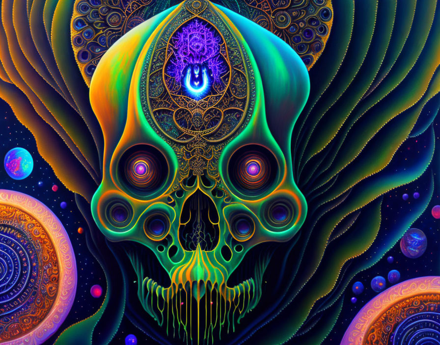 Colorful Psychedelic Skull Artwork with Celestial Background