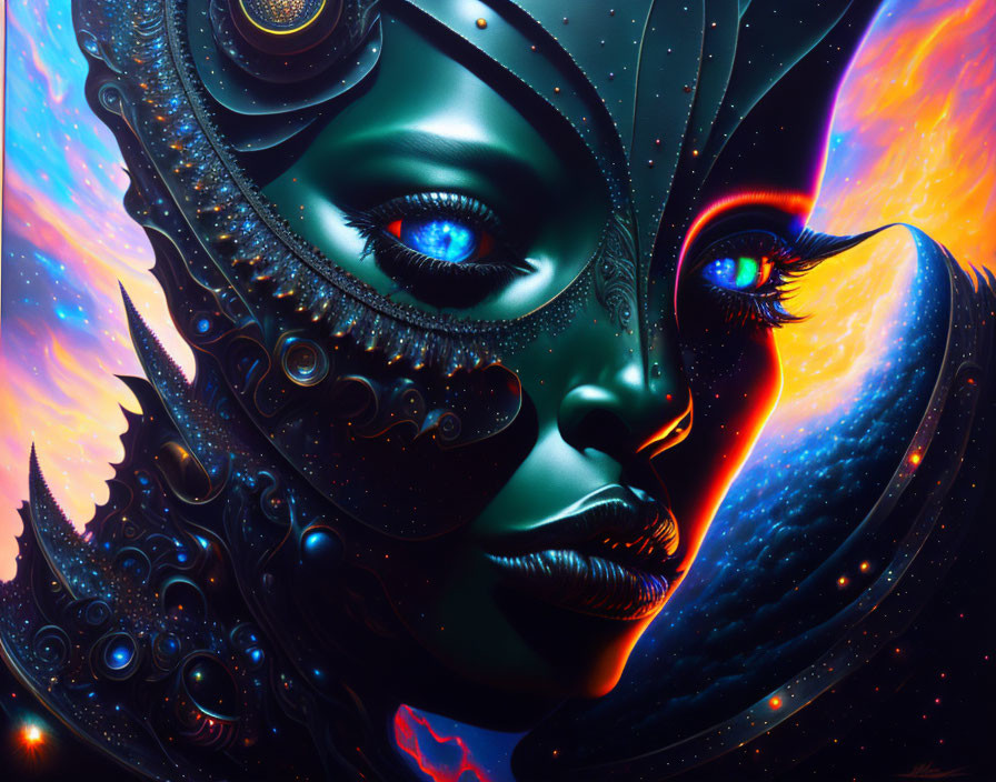 Colorful futuristic female figure with blue eyes and cosmic background.