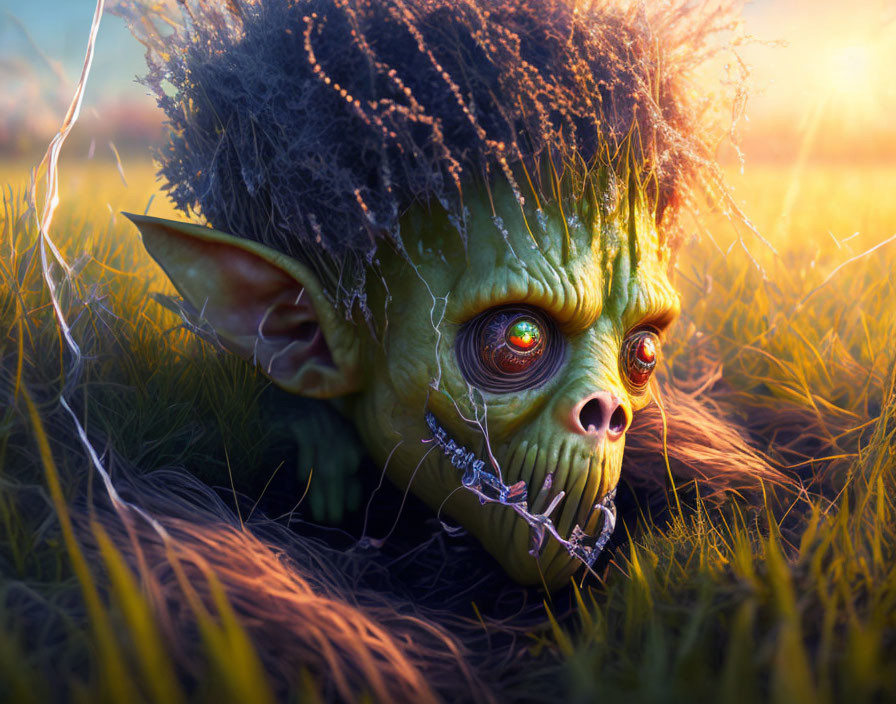 Green-skinned creature with large ears in golden grass under sunlight