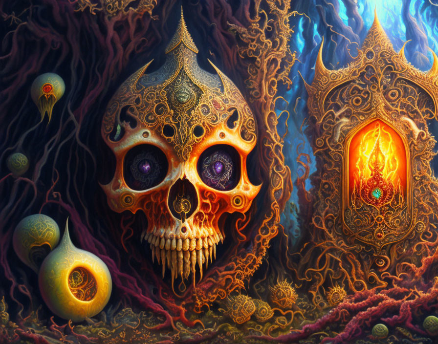 Intricate surreal skull with purple jeweled eyes in vibrant scene