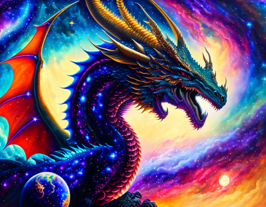 Vivid cosmic dragon with scales and wings in swirling nebulae.