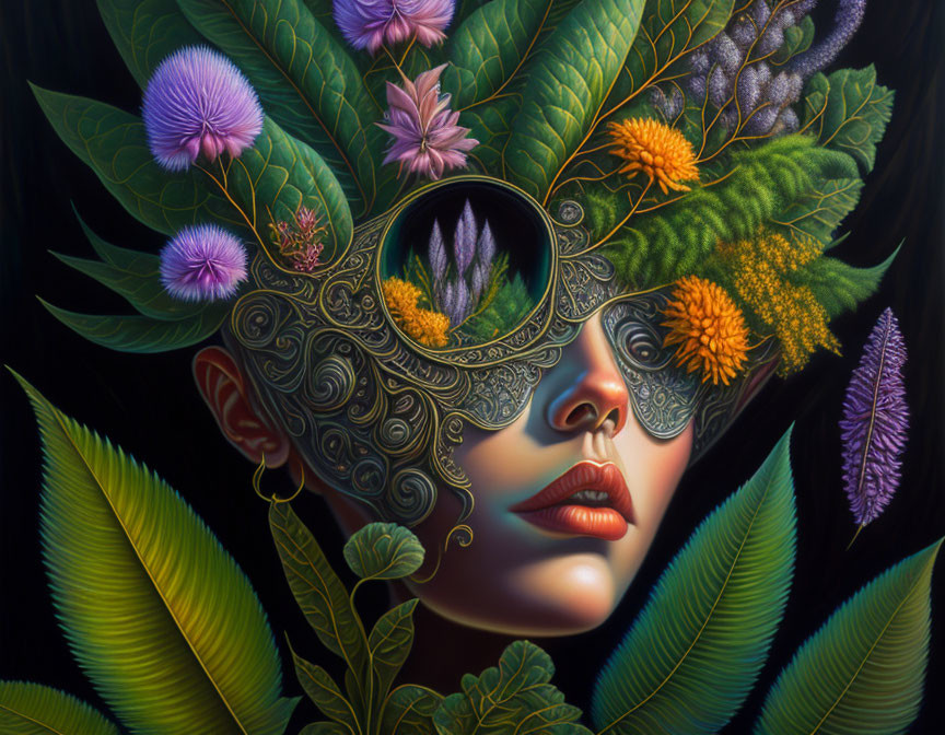 Surreal portrait of person with ornate flower mask on dark background