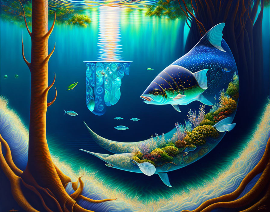 Colorful underwater scene with large fish, trees, coral, and marine life.