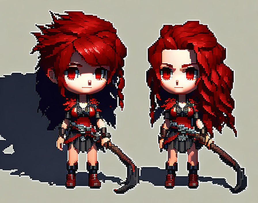 Pixel Art Characters with Red Hair and Scythes in Black and Red Attire