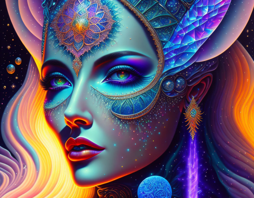 Digital art of woman with cosmic features and blue eyes on starry space background