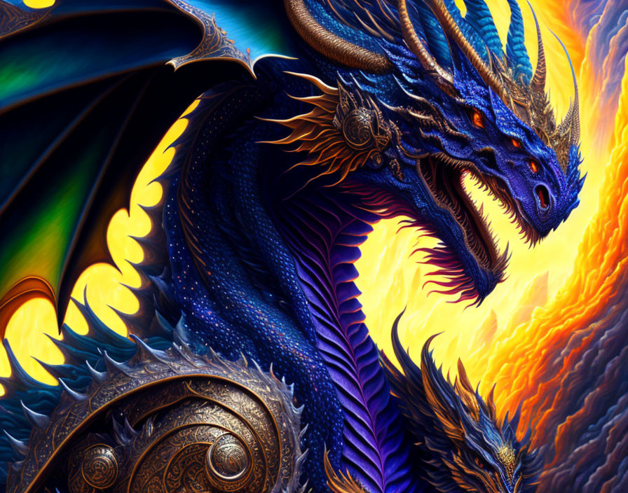 Blue dragon with red eyes and horns in fiery sky.