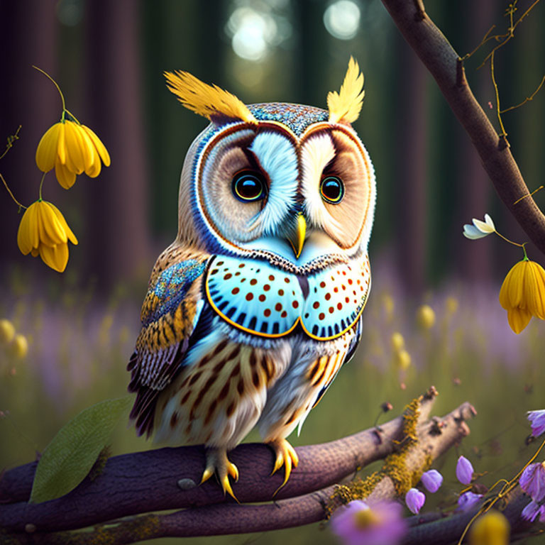 Whimsical Colorful Owl in a Vibrant Forest Setting