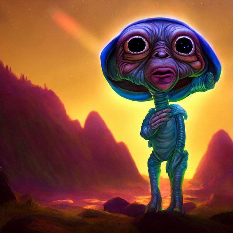 Whimsical Alien Figure Against Vibrant Sunset Backdrop