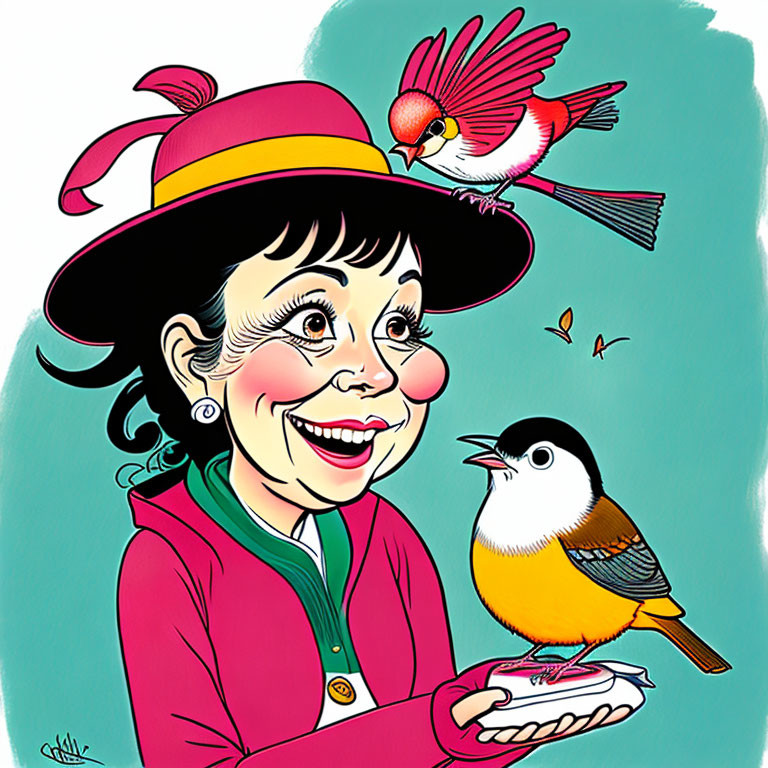 Cheerful woman with colorful hat and playful birds