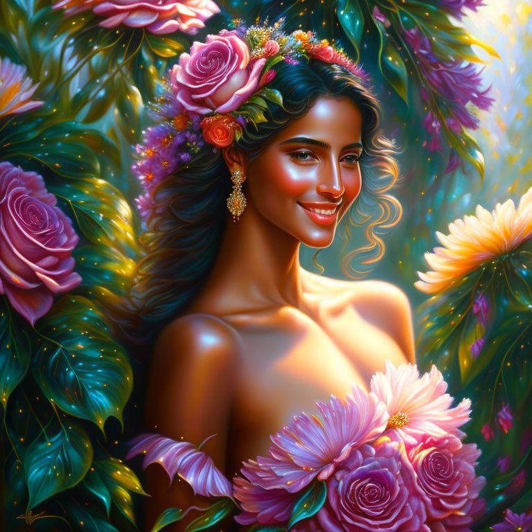 Radiant Woman Surrounded by Colorful Flowers and Nature