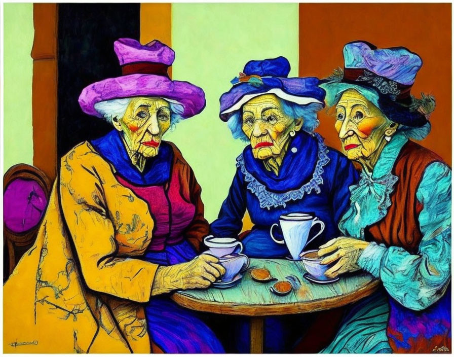 Elderly Women Enjoying Tea at a Round Table