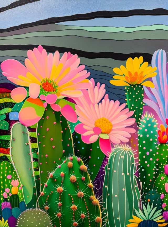 Vibrant Pink and Yellow Flowers with Green Cacti on Blue and Gray Mountainous Background