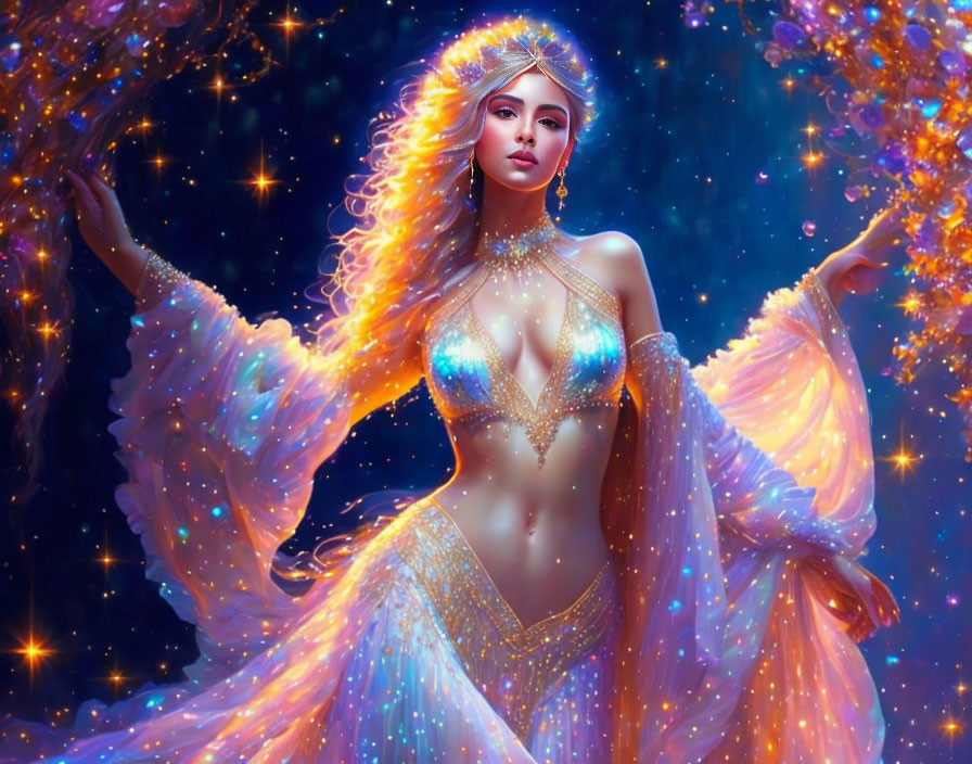 Fantasy Scene with Graceful Woman in Shimmering Attire