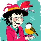 Cheerful woman with colorful hat and playful birds