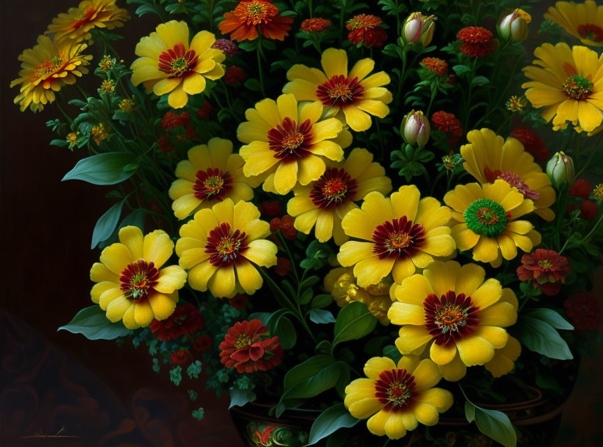 Vibrant yellow and red flowers bouquet on dark background