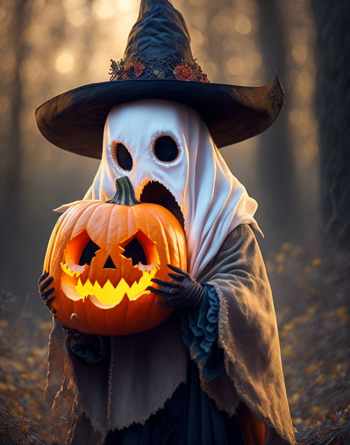 Ghost Costume with Pumpkin Head Mask in Autumn Forest