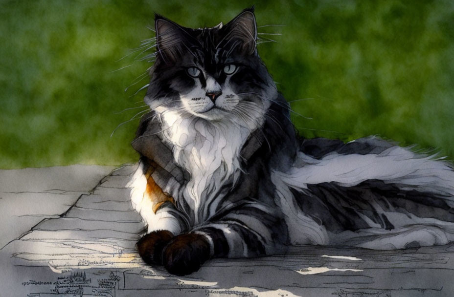 Majestic black and white fluffy cat with piercing eyes on wooden surface