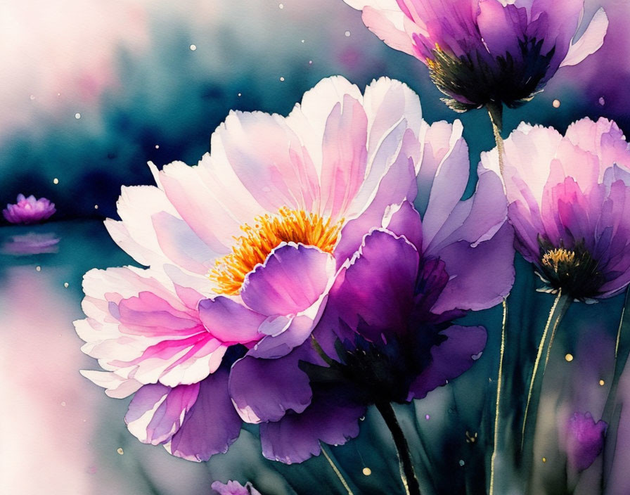 Delicate Purple and Pink Flowers Watercolor Painting