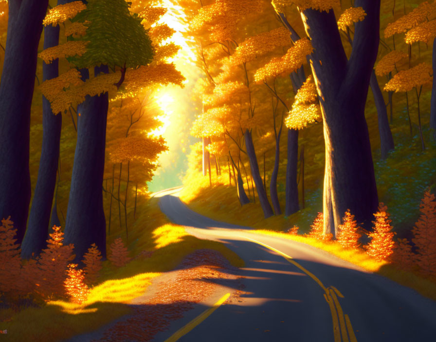 Tranquil autumn landscape with winding road and golden trees