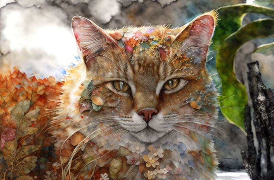 Digital Artwork: Cat with Autumn Foliage Textures in Misty Background