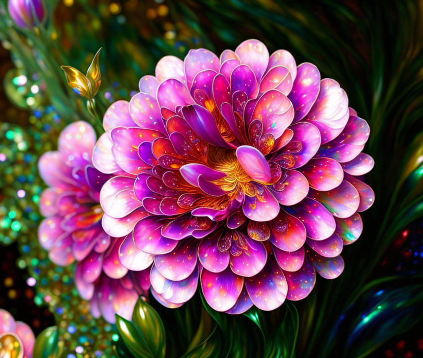 Colorful digital artwork: Purple and pink flower with luminescent petals on glittering background