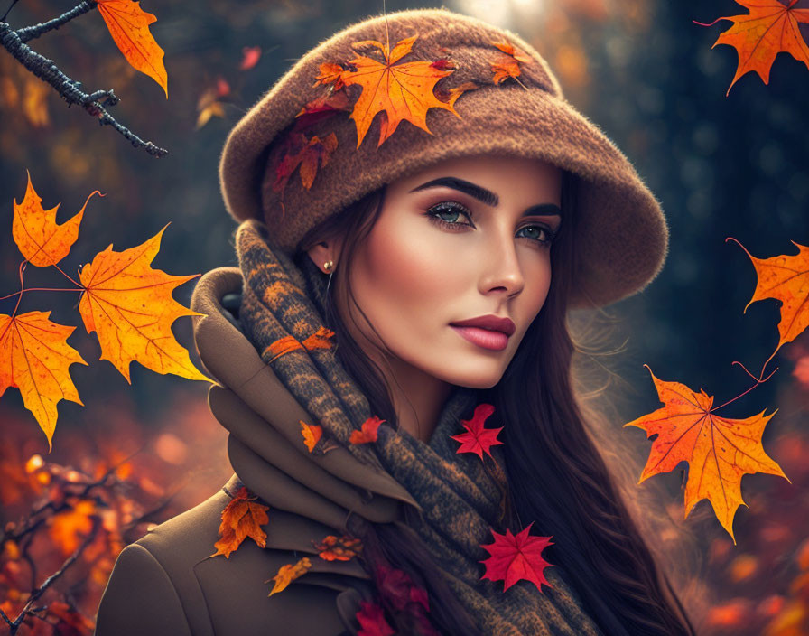 Woman with Striking Makeup and Green Eyes in Autumn Setting