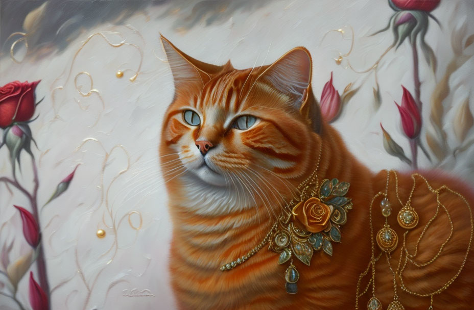 Orange Tabby Cat with Golden Jewelry Surrounded by Roses and Dreamy Background