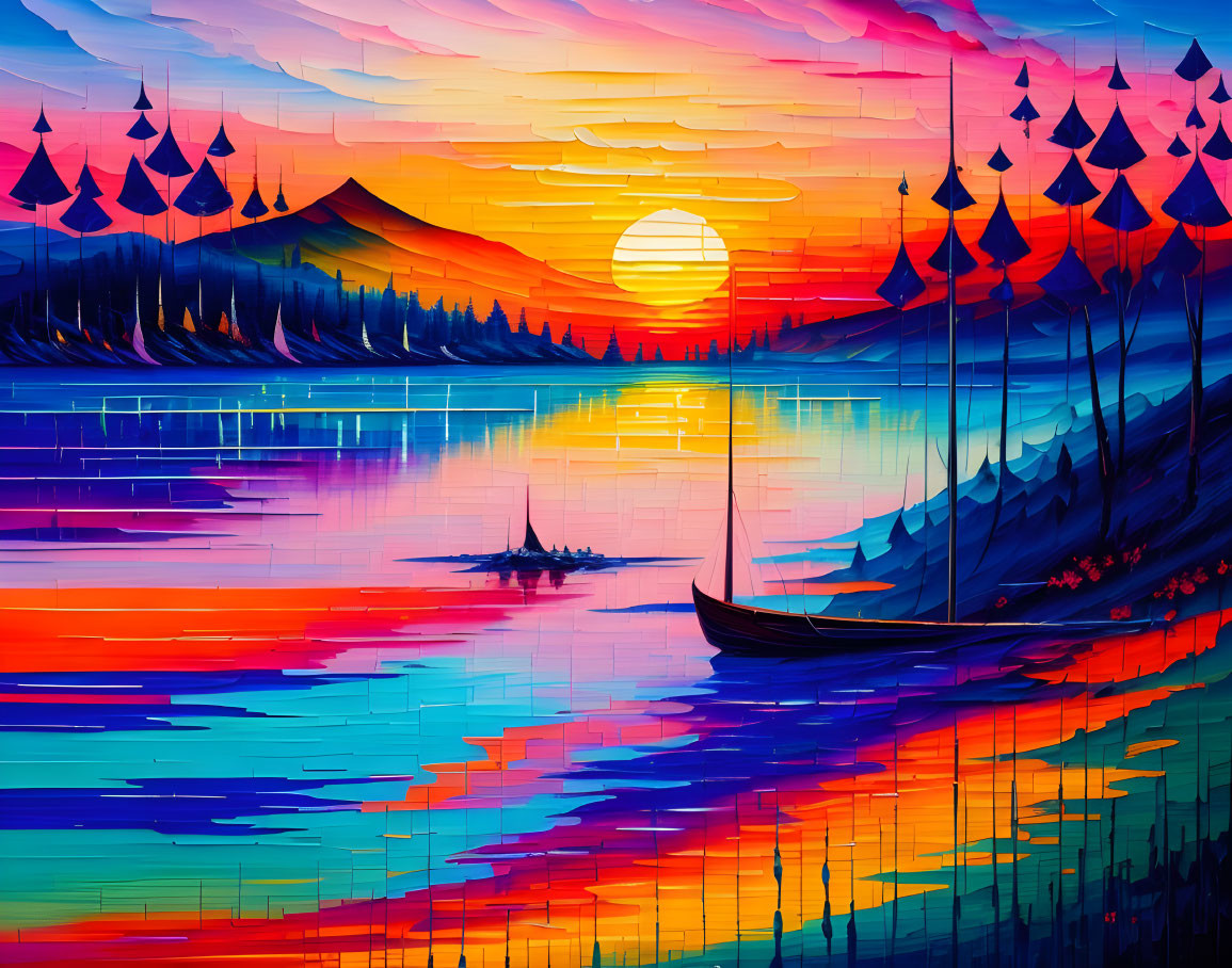 Colorful Sunset Landscape Painting with Boats on Lake