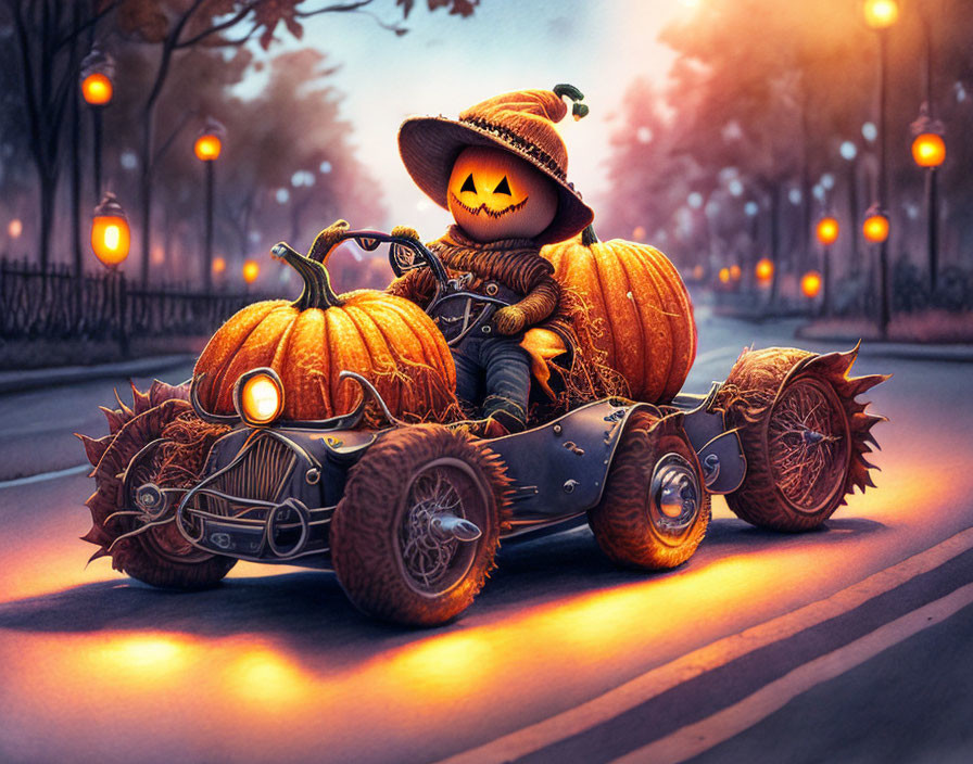 Pumpkin-headed character drives fantasy car on autumn road