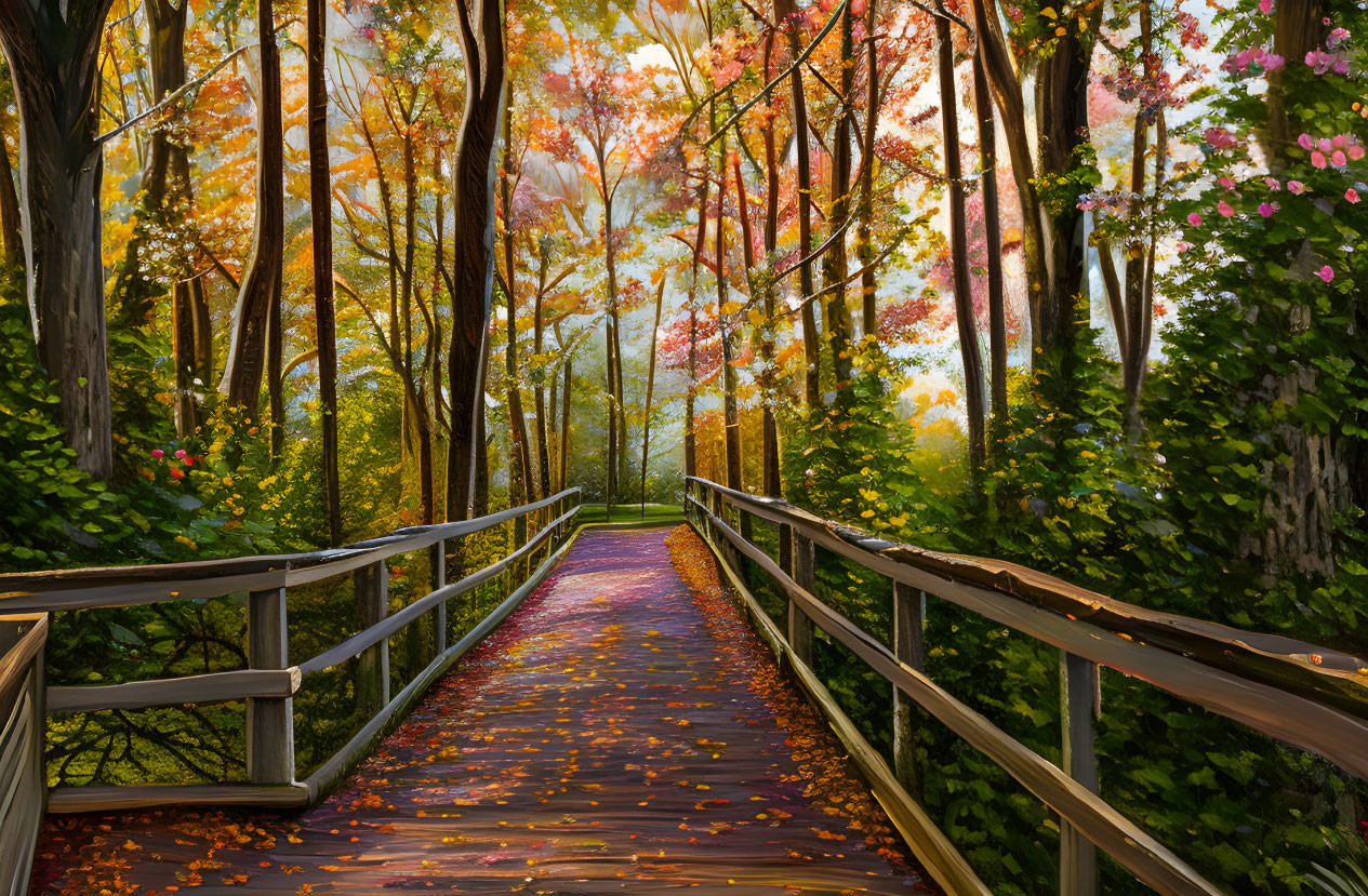 Tranquil Autumn Path with Vibrant Trees and Wooden Railings