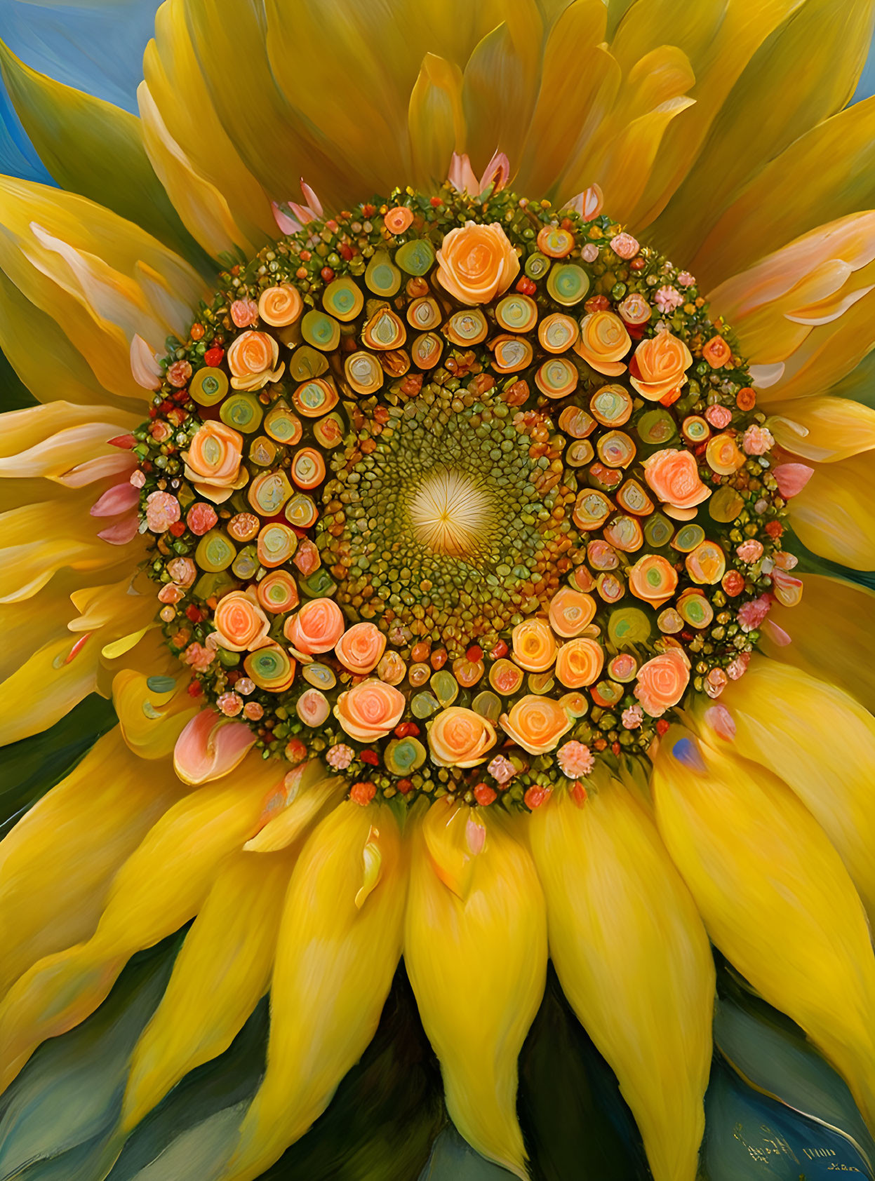 Colorful Sunflower and Floral Bouquet Painting on Blue Background