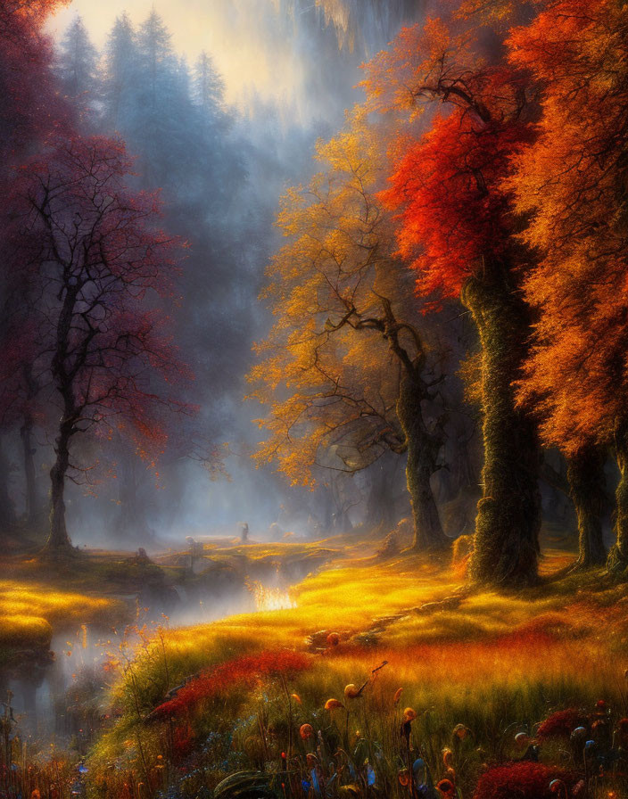 Ethereal autumn landscape with red and orange trees, misty forest, stream, golden light.