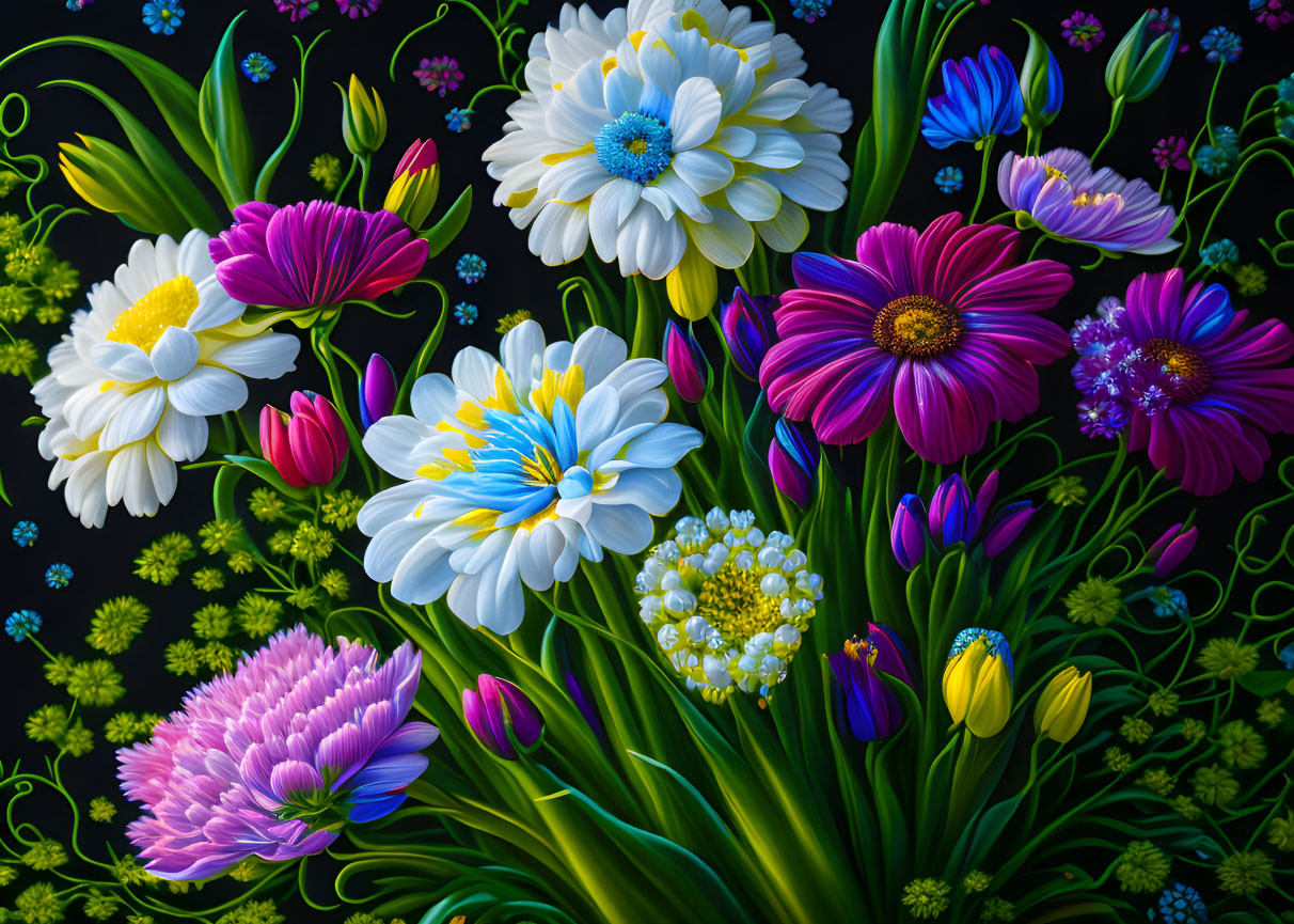 Assorted Daisy and Tulip Bouquet on Dark Background