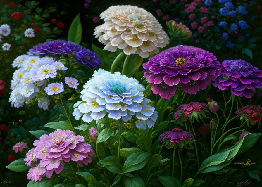 Assorted colorful flowers in vibrant garden with white, purple, and pink dahlias